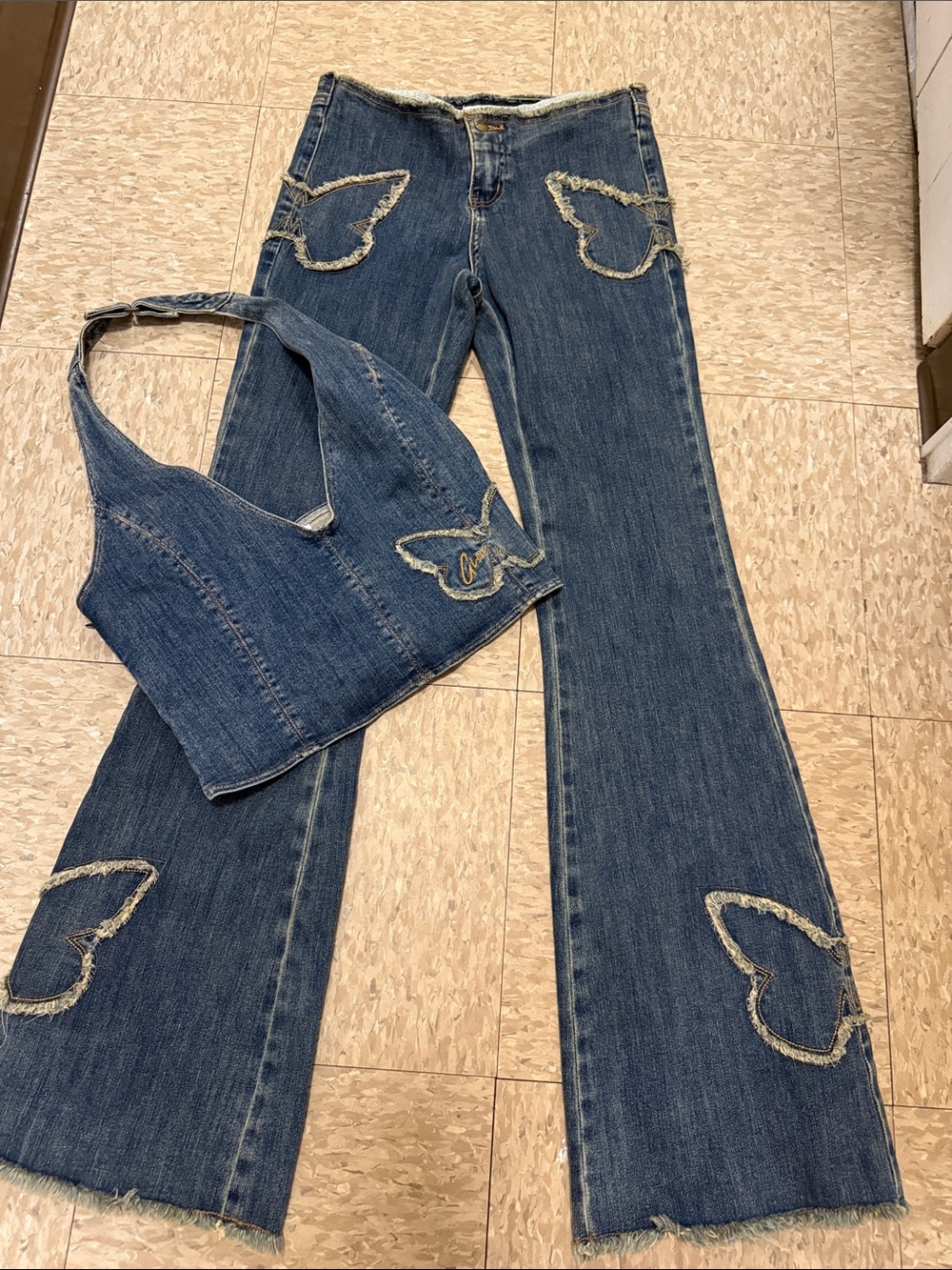 Women’s Blue Denim Flare Jeans with Butterfly Patch Detail